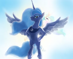 Size: 1300x1040 | Tagged: safe, artist:grissaecrim, artist:raikoh, imported from derpibooru, princess celestia, princess luna, alicorn, pony, alicorn eclipse, backlighting, eclipse, female, luna eclipsing celestia, mare