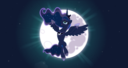 Size: 1766x936 | Tagged: safe, artist:thatoneaj, imported from derpibooru, princess luna, alicorn, pony, backlighting, female, flying, mare, moon, night, solo, spread wings, wings