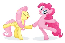 Size: 1187x787 | Tagged: artist needed, source needed, safe, artist:catwhitney, imported from derpibooru, fluttershy, pinkie pie, earth pony, pegasus, pony, bipedal, dancing, duo, duo female, female, mare, open mouth, simple background, white background