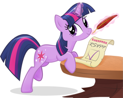 Size: 1139x909 | Tagged: safe, artist:catwhitney, imported from derpibooru, twilight sparkle, pony, unicorn, female, glowing horn, magic, mare, quill, scroll, simple background, solo, table, telekinesis, transparent background, unicorn twilight