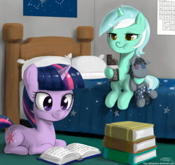 Size: 1000x938 | Tagged: safe, artist:johnjoseco, imported from derpibooru, lyra heartstrings, smarty pants, twilight sparkle, pony, unicorn, bed, book, chocolate, cute, eating, female, filly, periodic table, prone, reading, sitting, unicorn twilight