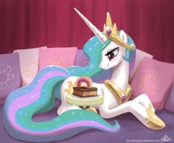 Size: 1300x1072 | Tagged: safe, artist:johnjoseco, imported from derpibooru, princess celestia, alicorn, pony, cake, cakelestia, female, mare, pillow, princess, prone