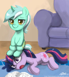 Size: 800x897 | Tagged: safe, artist:johnjoseco, imported from derpibooru, lyra heartstrings, twilight sparkle, pony, unicorn, couch, female, filly, on side, side, sitting, sitting on head, sitting on pony, unicorn twilight