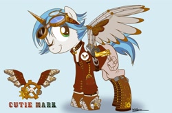 Size: 3300x2163 | Tagged: safe, artist:bunnimation, artist:kolterace, imported from derpibooru, oc, oc only, oc:cloud blitz, earth pony, pony, artificial alicorn, artificial horn, artificial wings, augmented, boots, clothes, female, goggles, high res, mare, mechanical wing, one eye closed, simple background, solo, steampunk, wings