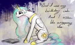 Size: 1700x1024 | Tagged: safe, artist:silfoe, imported from derpibooru, princess celestia, alicorn, pony, ponyville confidential, abstract background, birthday, birthday cake, cake, cakelestia, crying, female, floppy ears, foal free press, mare, newspaper, pouting, sad, sitting, solo