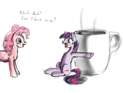 Size: 1000x750 | Tagged: safe, artist:silfoe, imported from derpibooru, pinkie pie, twilight sparkle, earth pony, pony, unicorn, coffee, curious, drink, female, leaning, mare, micro, mug, open mouth, pinkie found the coffee, scared, simple background, sitting, smiling, this will end in tears and/or death, unicorn twilight, wide eyes, xk-class end-of-the-world scenario