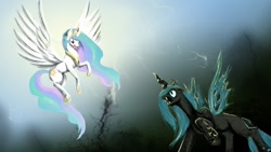 Size: 1920x1080 | Tagged: safe, artist:silfoe, imported from derpibooru, princess celestia, queen chrysalis, alicorn, changeling, changeling queen, pony, confrontation, crown, duo, ethereal mane, female, fight, flying, jewelry, lightning, mare, regalia, spread wings, wallpaper, wings