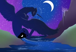 Size: 1500x1024 | Tagged: safe, artist:silfoe, imported from derpibooru, princess luna, alicorn, pony, beautiful, canterlot, crescent moon, eyes closed, female, flying, mare, moon, night, river, solo, stars, water