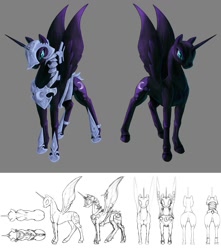 Size: 1500x1700 | Tagged: safe, artist:silfoe, imported from derpibooru, nightmare moon, alicorn, pony, journey of the spark, armor, bald, concept art, female, front view, glare, gray background, high angle, horn, mare, missing accessory, no armor, no tail, realistic horse legs, rear view, redesign, side view, simple background, sketch, slit pupils, solo, spread wings, study, white background, wings