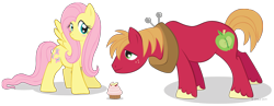 Size: 2026x784 | Tagged: safe, artist:littlehybridshila, imported from derpibooru, big macintosh, fluttershy, earth pony, pegasus, pony, blushing, colored hooves, cupcake, female, fluttermac, horse collar, male, mare, shipping, simple background, stallion, straight, transparent background, unshorn fetlocks