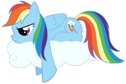 Size: 1612x1078 | Tagged: safe, artist:littlehybridshila, imported from derpibooru, rainbow dash, pegasus, pony, cloud, cutie mark, female, frown, frustrated, grumpy, grumpy dash, hooves, lying on a cloud, mare, on a cloud, prone, sad, simple background, solo, transparent background, wings