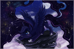 Size: 1024x684 | Tagged: safe, artist:kyuubreon, imported from derpibooru, princess luna, alicorn, pony, female, galaxy mane, mare, moon, night, rock, solo, stars