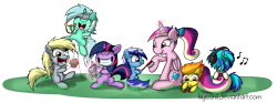 Size: 2047x759 | Tagged: safe, artist:kiyoshiii, imported from derpibooru, derpy hooves, dj pon-3, lyra heartstrings, minuette, princess cadance, smarty pants, spitfire, twilight sparkle, vinyl scratch, alicorn, pegasus, pony, unicorn, brush, female, filly, filly derpy, filly lyra, filly spitfire, filly twilight sparkle, filly vinyl scratch, foal, foalsitter, happy, mare, muffin, simple background, toy airplane, transparent background, younger