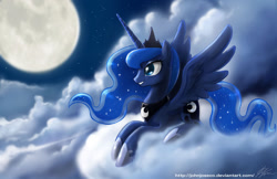 Size: 1330x861 | Tagged: safe, artist:johnjoseco, imported from derpibooru, princess luna, alicorn, pony, cloud, cloudy, cutie mark, female, full moon, hooves, horn, jewelry, lying on a cloud, mare, moon, night, night sky, on a cloud, profile, prone, regalia, sky, smiling, solo, spread wings, stars, tiara, wings