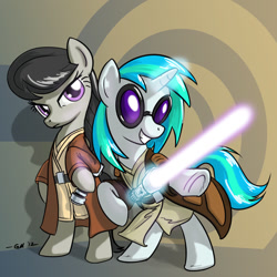 Size: 1280x1280 | Tagged: safe, artist:giantmosquito, imported from derpibooru, dj pon-3, octavia melody, vinyl scratch, earth pony, pony, unicorn, bipedal, clothes, crossover, energy weapon, female, jedi, lightsaber, mare, star wars, weapon