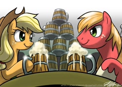 Size: 1000x716 | Tagged: safe, artist:johnjoseco, imported from derpibooru, applejack, big macintosh, earth pony, pony, cider, drinking contest, eye contact, female, looking at each other, male, mare, stallion