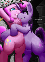 Size: 1000x1400 | Tagged: safe, artist:captainggkitten, imported from derpibooru, pinkie pie, twilight sparkle, earth pony, pony, unicorn, bipedal, chest fluff, creepy, crying, female, fluffy, hape, hug, insanity, mad scientist, mare, personal space invasion, science, unicorn twilight