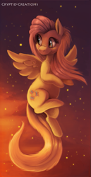 Size: 413x800 | Tagged: safe, artist:cryptid-creations, imported from derpibooru, fluttershy, pegasus, pony, cute, female, fluffy, flying, looking back, mare, smiling, solo, spread wings, stars