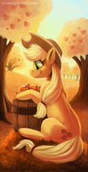 Size: 413x800 | Tagged: safe, artist:cryptid-creations, imported from derpibooru, applejack, earth pony, pony, apple, barrel, female, happy, mare, sitting, solo, tree