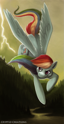 Size: 413x800 | Tagged: safe, artist:cryptid-creations, imported from derpibooru, rainbow dash, pegasus, pony, female, flying, forest, lightning, mare, river, solo