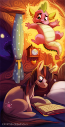 Size: 413x800 | Tagged: dead source, safe, artist:cryptid-creations, imported from derpibooru, spike, twilight sparkle, dragon, pony, unicorn, bed, book, butt, clock, female, magic, male, mare, night, reading, telekinesis