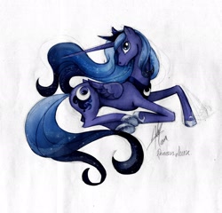 Size: 2338x2243 | Tagged: safe, artist:ladyamaltea, imported from derpibooru, princess luna, alicorn, pony, female, high res, looking back, mare, prone, simple background, solo, underhoof, white background