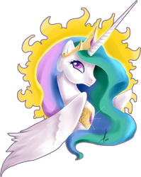 Size: 1747x2192 | Tagged: safe, artist:ladyamaltea, imported from derpibooru, princess celestia, alicorn, pony, bust, colored pupils, female, mare, profile, simple background, smiling, solo, sun