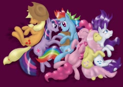 Size: 1023x723 | Tagged: safe, artist:steamroller988, imported from derpibooru, applejack, fluttershy, pinkie pie, rainbow dash, rarity, twilight sparkle, earth pony, pegasus, pony, unicorn, book, cuddle puddle, female, flarity, happy, lesbian, mane six, mare, omniship, on back, on side, shipping, side, twidash