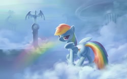 Size: 1280x800 | Tagged: safe, artist:bluedrg19, imported from derpibooru, rainbow dash, pegasus, pony, bedroom eyes, butt, cloud, cloudsdale, cloudy, cutie mark, female, looking at you, looking back, looking back at you, mare, on a cloud, plot, rainbow, raised hoof, smiling, smirk, solo, spread wings, standing on a cloud, standing on cloud, statue, wings