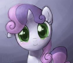 Size: 1370x1200 | Tagged: safe, artist:bluedrg19, imported from derpibooru, sweetie belle, pony, unicorn, blushing, c:, cute, diasweetes, female, filly, floppy ears, gradient background, happy, looking at you, smiling, solo