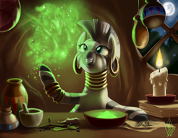 Size: 2560x2000 | Tagged: safe, artist:whitediamonds, imported from derpibooru, nightmare moon, zecora, alicorn, pony, zebra, luna eclipsed, alchemist, alchemy, candle, cute, daily deviation, drawing, earring, female, full moon, glow, glowing, herbs, high res, mare in the moon, moon, mortar and pestle, night, nightmare night, zecorable