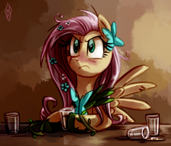 Size: 760x650 | Tagged: safe, artist:whitediamonds, imported from derpibooru, fluttershy, pegasus, pony, abstract background, alcohol, angry, blushing, clothes, dress, drunk, drunkershy, female, flower, flower in hair, gala dress, glass, mare, shot glass, solo