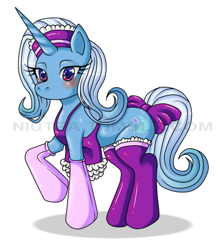 Size: 554x625 | Tagged: dead source, safe, artist:niutea, imported from derpibooru, trixie, pony, unicorn, blushing, bow, clothes, female, maid, mare, simple background, solo, tail, tail bow, watermark