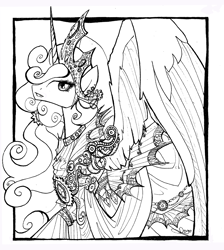 Size: 1968x2200 | Tagged: safe, artist:nastylady, imported from derpibooru, princess celestia, alicorn, pony, clothes, female, lineart, mare, monochrome, sketch, solo, traditional art