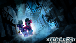 Size: 1920x1080 | Tagged: safe, artist:m24designs, imported from derpibooru, pinkie pie, twilight sparkle, earth pony, pony, unicorn, alley, bubble pipe, crossover, detective, female, hat, mare, sherlock holmes, wallpaper