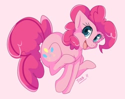 Size: 642x511 | Tagged: safe, artist:mr-tiaa, imported from derpibooru, pinkie pie, earth pony, pony, female, happy, jumping, looking at you, mare, simple background, solo