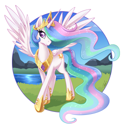 Size: 900x916 | Tagged: safe, artist:metalpandora, imported from derpibooru, princess celestia, alicorn, pony, abstract background, crown, cute, cutelestia, female, hoof shoes, jewelry, lake, mare, partial background, princess, regalia, river, simple background, solo, spread wings, transparent background, wings