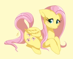 Size: 568x457 | Tagged: safe, artist:mr-tiaa, imported from derpibooru, fluttershy, pegasus, pony, blushing, female, floppy ears, happy, mare, prone, simple background, solo