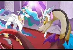 Size: 1002x680 | Tagged: dead source, safe, artist:mr-tiaa, imported from derpibooru, discord, princess celestia, alicorn, draconequus, pony, angry, duo, ears back, female, floppy ears, mare