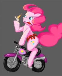 Size: 700x859 | Tagged: safe, artist:diasfox, imported from derpibooru, pinkie pie, earth pony, pony, dynamite, female, fire, lighter, mare, motorcycle, mouth hold, pyro, pyropinkie, riding, simple background, solo, this will end in tears
