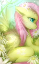Size: 406x665 | Tagged: dead source, safe, artist:mr-tiaa, imported from derpibooru, fluttershy, pegasus, pony, daisy (flower), female, floppy ears, flower, mare, profile, sad, solo