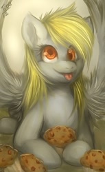 Size: 406x665 | Tagged: safe, artist:mr-tiaa, imported from derpibooru, derpy hooves, pegasus, pony, female, happy, mare, muffin, prone, solo, spread wings, tongue out, wings