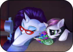 Size: 700x500 | Tagged: dead source, safe, artist:rizcifra, imported from derpibooru, rarity, sweetie belle, pony, unicorn, belle sisters, candy, clothes, costume, duo, fabric, female, filly, glasses, lollipop, mare, nightmare night, nightmare night costume, rarity's glasses, sewing machine, siblings, sisters, sleeping