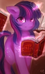 Size: 405x665 | Tagged: safe, artist:mr-tiaa, imported from derpibooru, twilight sparkle, pony, unicorn, book, female, looking at you, magic, mare, solo, unicorn twilight