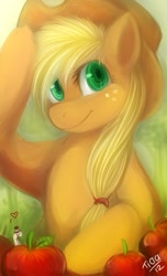 Size: 405x665 | Tagged: safe, artist:mr-tiaa, imported from derpibooru, applejack, earth pony, pony, worm, apple, female, hat, heart, looking at you, mare, monocle, smiling, solo, top hat