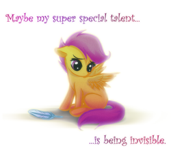 Size: 563x525 | Tagged: safe, artist:rizcifra, imported from derpibooru, scootaloo, pegasus, pony, feather, female, filly, floppy ears, looking down, oh it is sad day, sad, scootalone, scootaloo can't fly, simple background, sitting, solo, spread wings