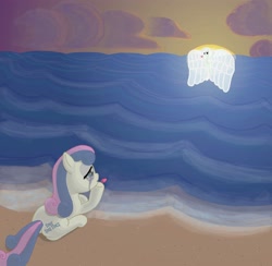 Size: 3944x3848 | Tagged: safe, artist:popprocks, imported from derpibooru, bon bon, lyra heartstrings, sweetie drops, earth pony, ghost, ghost pony, pony, unicorn, crying, duo, feels, female, high res, lesbian, lyrabon, mare, ocean, sad, shipping, spirit, sunset, wings