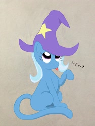 Size: 2448x3264 | Tagged: safe, artist:magiermacht, imported from derpibooru, trixie, cat, cat pony, original species, :p, catified, clothes, female, hat, high res, looking up, meow, silly, sitting, solo, species swap, tongue out, trixie's hat
