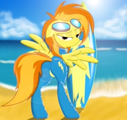 Size: 1417x1332 | Tagged: safe, artist:spitshy, imported from derpibooru, spitfire, pegasus, pony, beach, bedroom eyes, butt, female, goggles, latex, latex suit, looking back, mare, plot, rear view, solo, spread wings, stupid sexy spitfire, surfboard, wings, wonderbolts uniform