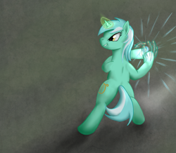 Size: 1303x1135 | Tagged: safe, artist:vabla, imported from derpibooru, lyra heartstrings, pony, unicorn, bipedal, female, hadouken, magic, magic hands, mare, rear view, solo